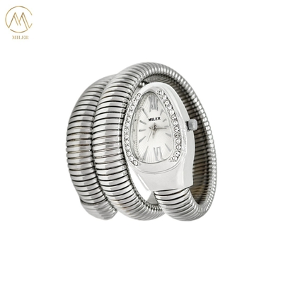 Wholesale Quartz Creative Snake-Shape Two-Ring Silver Alloy Band Full Diamond  Watch for Lady