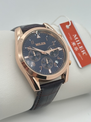Three-Eyed Six-Needle Quartz Black Leather Wristwatch With Luminous Hands