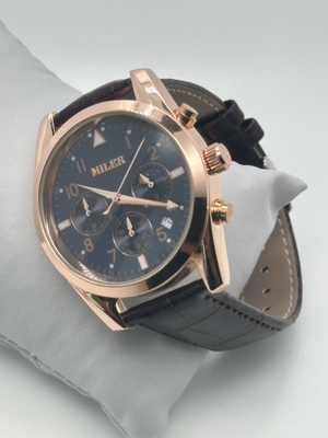 Three-Eyed Six-Needle Quartz Black Leather Wristwatch With Luminous Hands