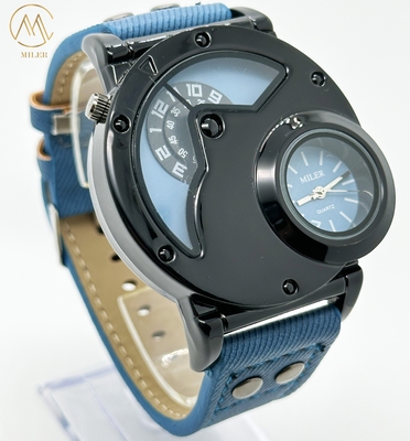 OEM Double Movement Mens Sports Watch With Denim Band Hook Buckle