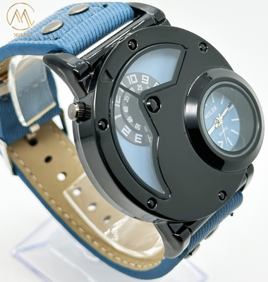 OEM Double Movement Mens Sports Watch With Denim Band Hook Buckle