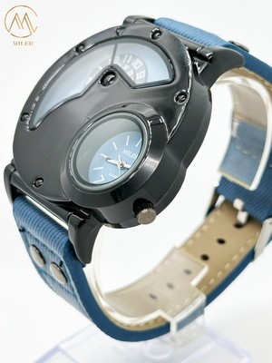 OEM Double Movement Mens Sports Watch With Denim Band Hook Buckle