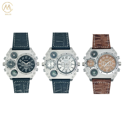 Unique Design Quality MILER Brand Dual Time Big Face Men Watch with Compass Leather Strap Quartz Watch
