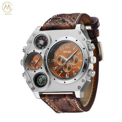 Unique Design Quality MILER Brand Dual Time Big Face Men Watch with Compass Leather Strap Quartz Watch