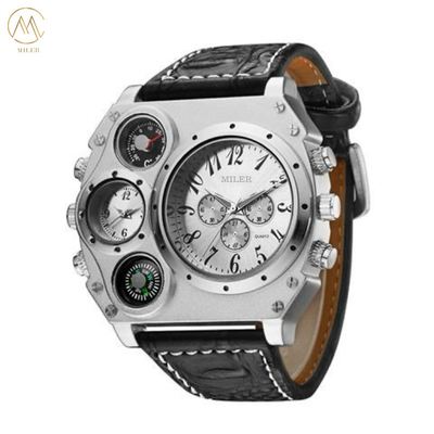Unique Design Quality MILER Brand Dual Time Big Face Men Watch with Compass Leather Strap Quartz Watch