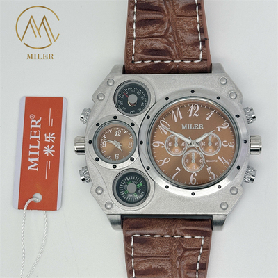 Men Quartz Dual Time Big Face Compass Watch Leather Strap Watch