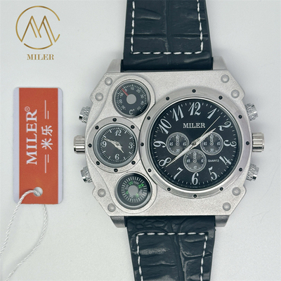 Men Quartz Dual Time Big Face Compass Watch Leather Strap Watch