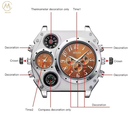 Unique Design Quality MILER Brand Dual Time Big Face Men Watch with Compass Leather Strap Quartz Watch