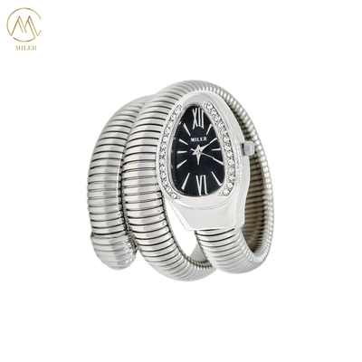 Wholesale Quartz Creative Snake-Shape Two-Ring Silver Alloy Band Full Diamond  Watch for Lady