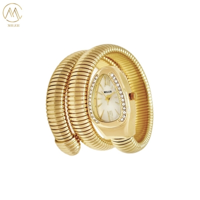 Creative Luxury Lady Quartz Watch High Quality with Snake Strap Alloy Gold-Plated Case