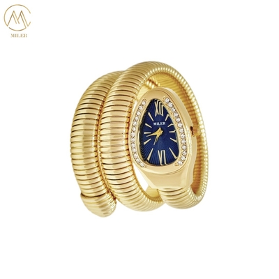 Creative Luxury Lady Quartz Watch High Quality with Snake Strap Alloy Gold-Plated Case