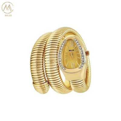 Creative Luxury Lady Quartz Watch High Quality with Snake Strap Alloy Gold-Plated Case