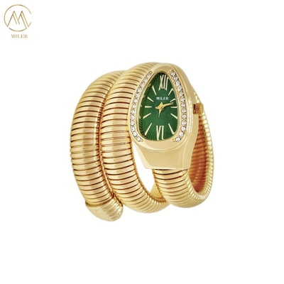 Creative Luxury Lady Quartz Watch High Quality with Snake Strap Alloy Gold-Plated Case