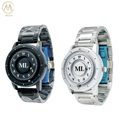 Male Creative Silver Stainless Steel Scrolling Beads Magnetic Quartz Watches for Life Waterproof