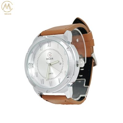 Hot Sell Alloy White Black Metal Quartz Movt Watch With Leather Strap