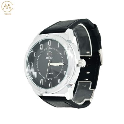 Hot Sell Alloy White Black Metal Quartz Movt Watch With Leather Strap