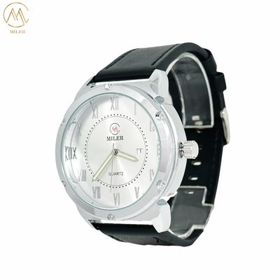 Hot Sell Alloy White Black Metal Quartz Movt Watch With Leather Strap